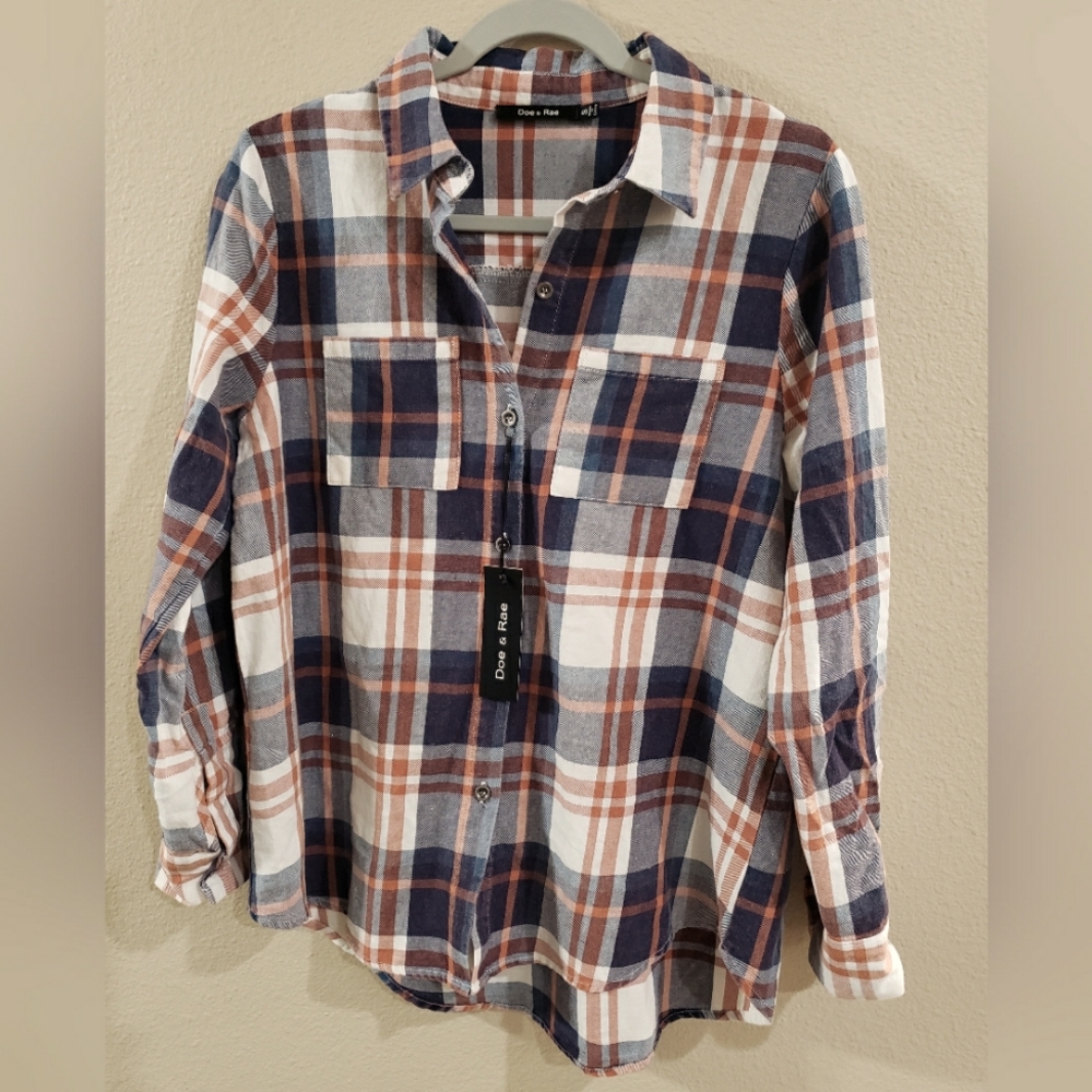 Doe & Rae Flannel Shirt, Size Small, Navy Blue and Tan
